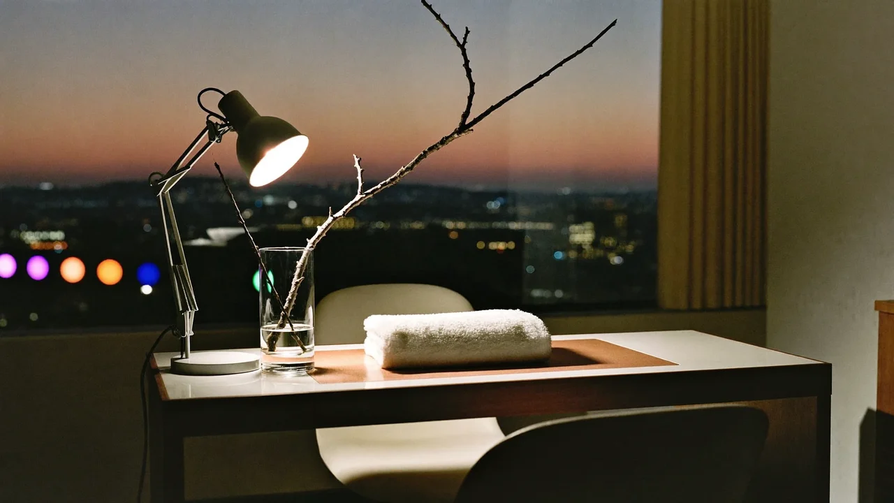 Illustration einer stillen Studio-Ecke am Abend mit leerem Maniküretisch